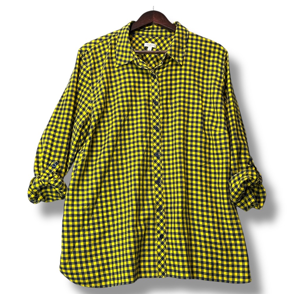 Talbots Woman 3X Yellow Navy Blue Gingham Plaid Button Front